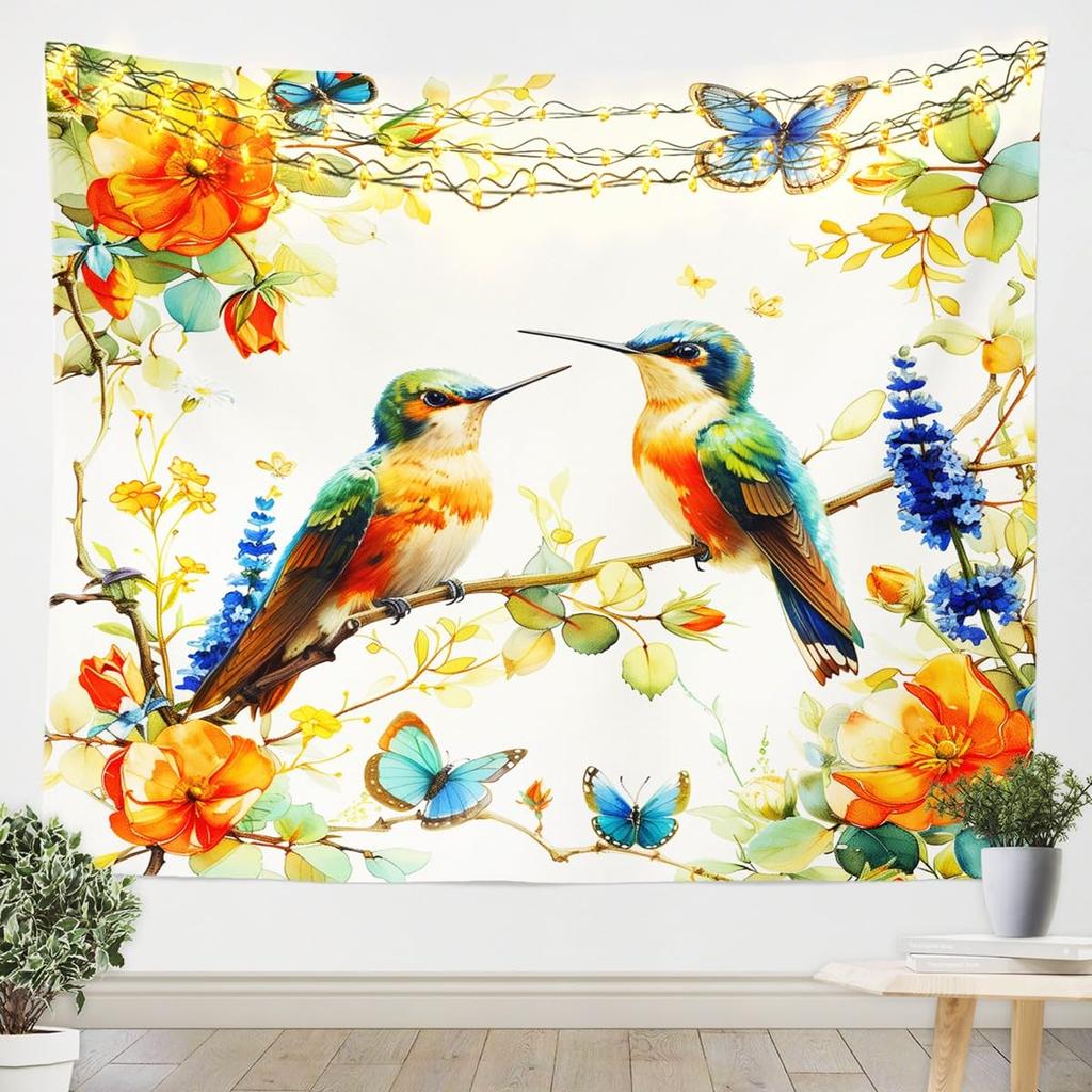 Watercolor Hummingbird Tapestry, Vibrant Wall Hanging with Colorful Hummingbirds & Cherry Blossoms on Purple Background
