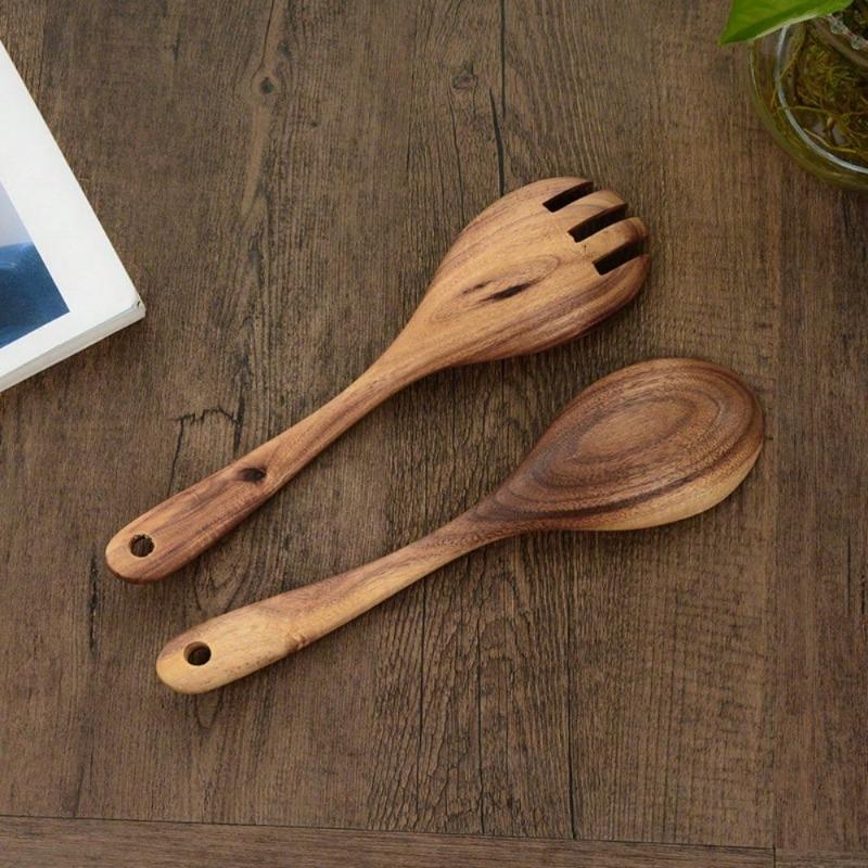 Premium Natural Wood Salad Spoon and Fork Durable Long Handle Mixing Utensils for Home Kitchen Restaurant Use Salad Preparation,