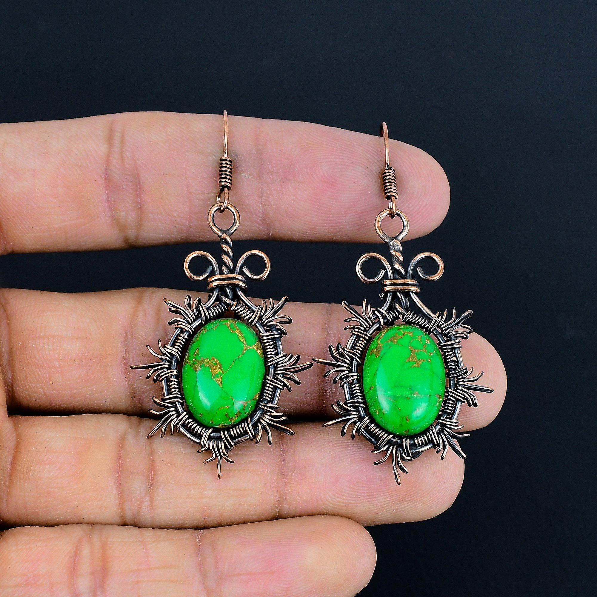 

Серьги из зеленой медной бирюзы, ювелирные изделия из драгоценных камней, обернутые медной проволокой 999 пробы, серьги ручной работы, изумительные ювелирные изделия, подарок для нее 2.36 Inches