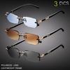 3pcs Fashion Cool Frameless Rectangular Small Frame Metal Glasses for Men Casual Business School Party Vacation Driving