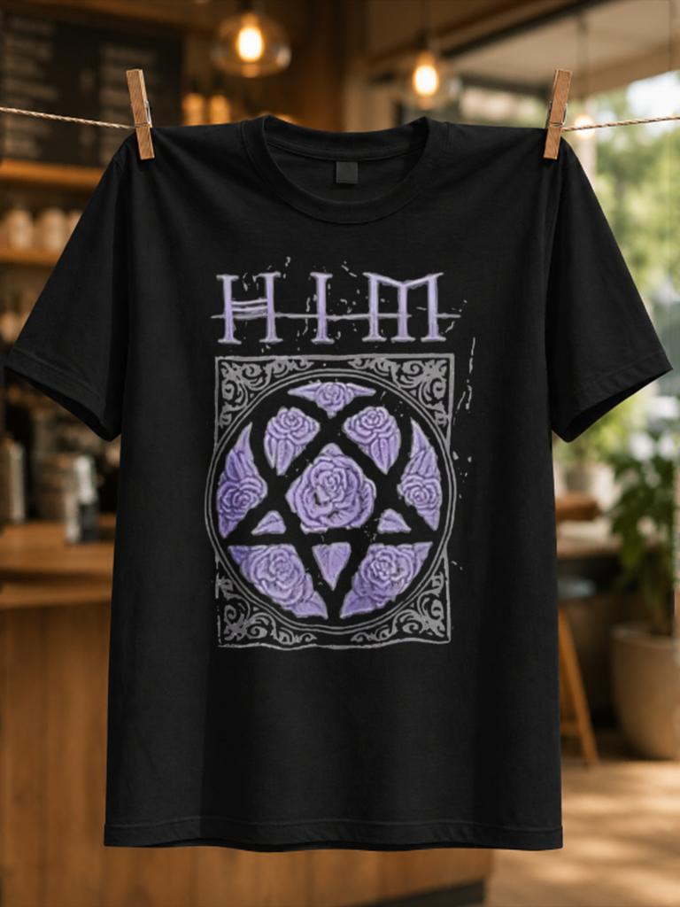 Him Heartagram Roses Purple Floral Gothic Frame With Ornate Lettering Rounisexce Symbol Dark Rock Unisex All Tshirt