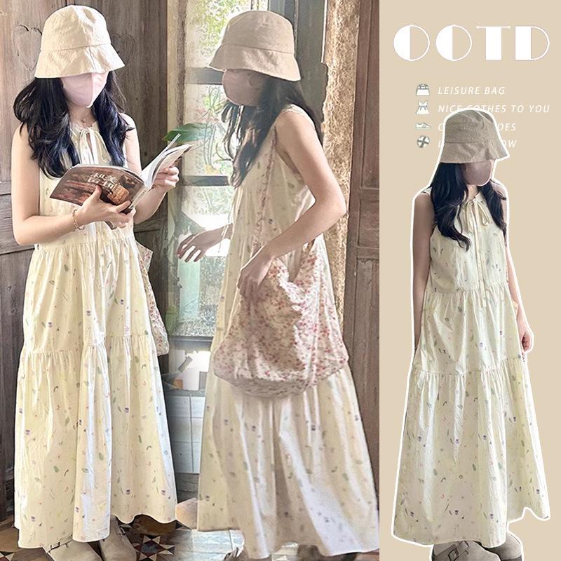Korean Sleeveless Maternity Dress - Floral Print, Loose Fit, Summer Style L