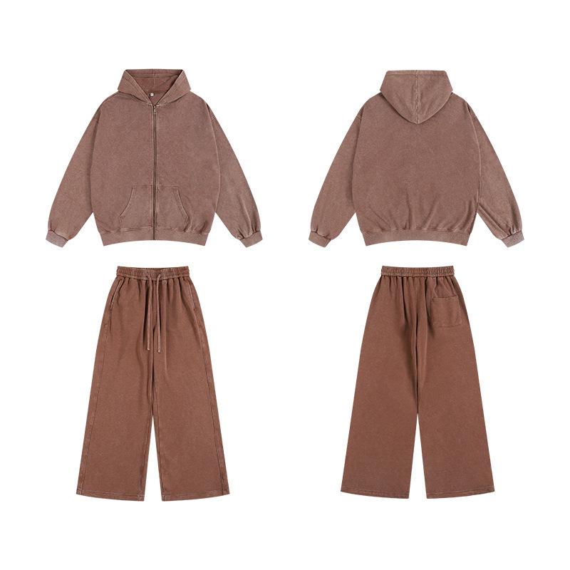 Oversized 350g Cotton Distressed Zip-Up Hoodie - Large, Drop Shoulder, Retro Washed Terry Cardigan