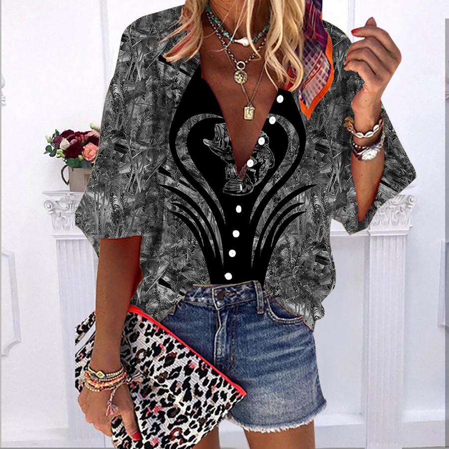 2023 sommer Herbst Neue Mode frauen Tops Liebe Fisch Gedruckt Halbe Hülse Casual Plus Größe Taste-unten Hemd mit Blase Ärmeln