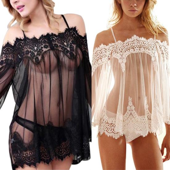 Damen Sexy durchsichtiges, schulterfreies Unterwäsche-Kleid, Nachtwäsche, Spitzen-G-String-Set
