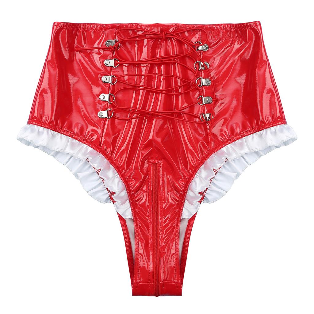 Women Frilly Maid Cosplay Costume Knickers High Waist Lace-up Zipper Crotch Underwear Sexy Briefs Lingerie Nightclub Dance Show