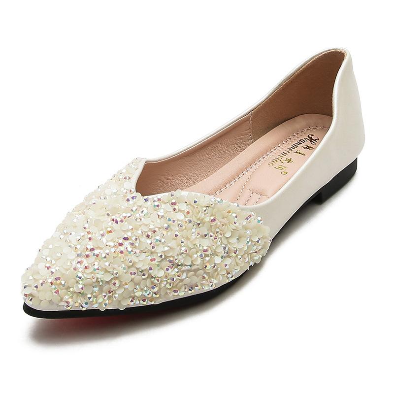 Fashion Fashion Women Flat Shoes Size 34 43 Pointed Toe Ladies Slip On Loafers Sequins Beaded Low Heel Shoes for Women Zapatos De Mujer