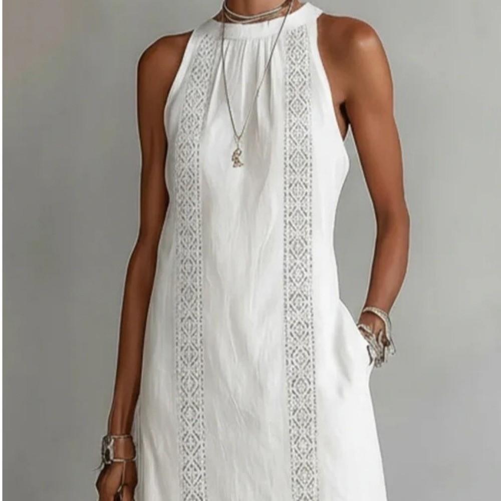 Neck Hanging Lace Splicing Dress Loose Fit Women's Summer Dress Long Skirt  Beach Wear