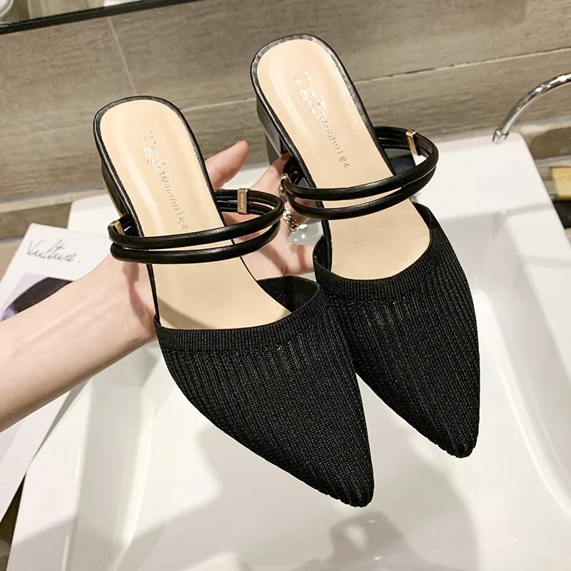 Fashion Summer New Women Pointed Toe Fashion Two-wear Comfortable Sandals Female Thick Heel Sexy Elegant Slippers Ladies Slides Shoes