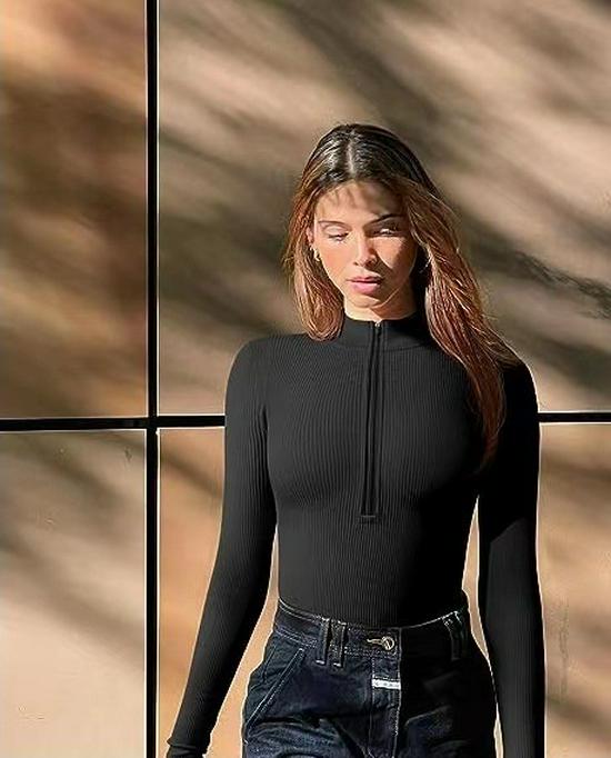 2023 Sexy žebrovaný body s dlouhým rukávem a zipem