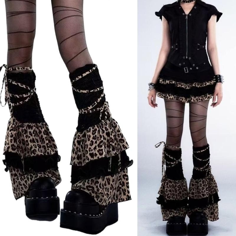 Harajuku Punk Leopard Layered Ruffle Leg Sleeves for Women Aesthetic Ties Bandages Leg Warmers Flared Boot Cover Socks