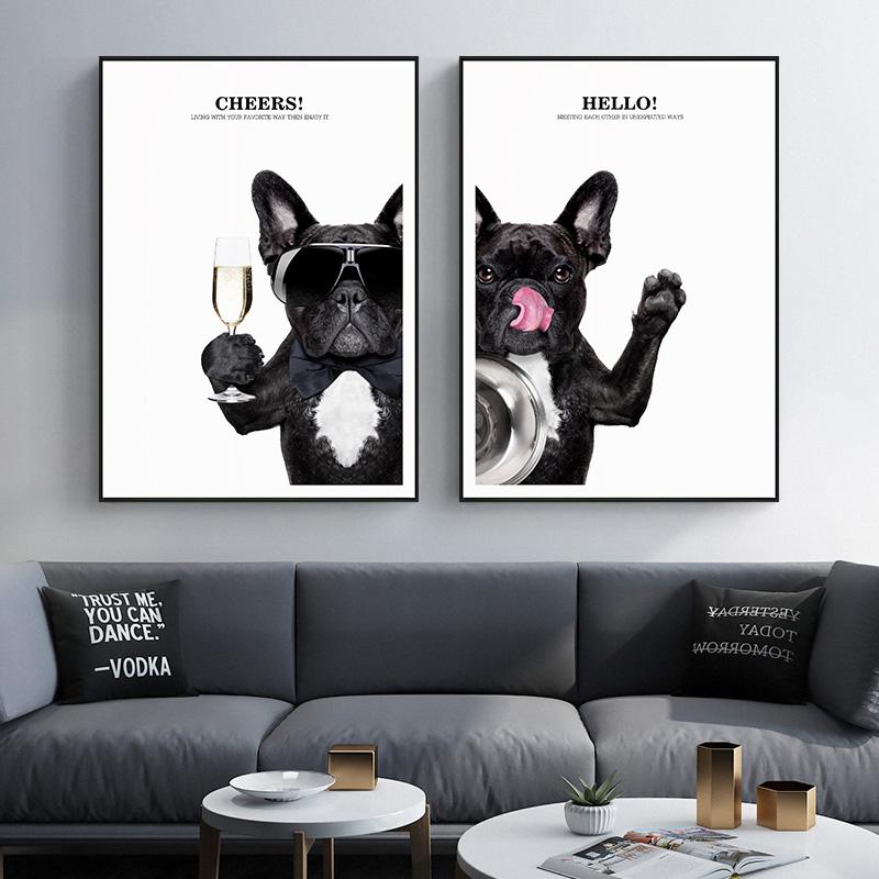 Nordic Funny Animal Canvas Painting Black Dog Wear Sunglasses Clothes Poster Print Black White Wall Art Pictures for Living Room
