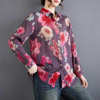 Literary Large-size Casual Shirt Women's Spring New Single-breasted Flower Print Long-sleeved Shirt Shirt Sunscreen Shirt