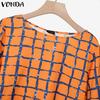 VONDA Women Outfits Plaid Print Long Flare Sleeve Blouse and Wide Leg Pants Casual Two Piece Suit