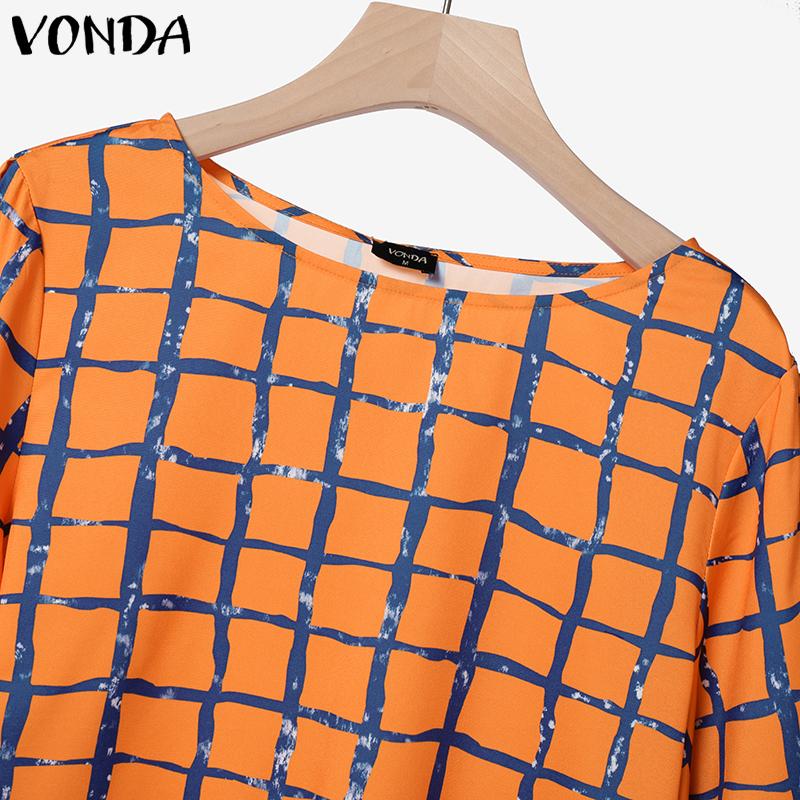 VONDA Women Outfits Plaid Print Long Flare Sleeve Blouse and Wide Leg Pants Casual Two Piece Suit