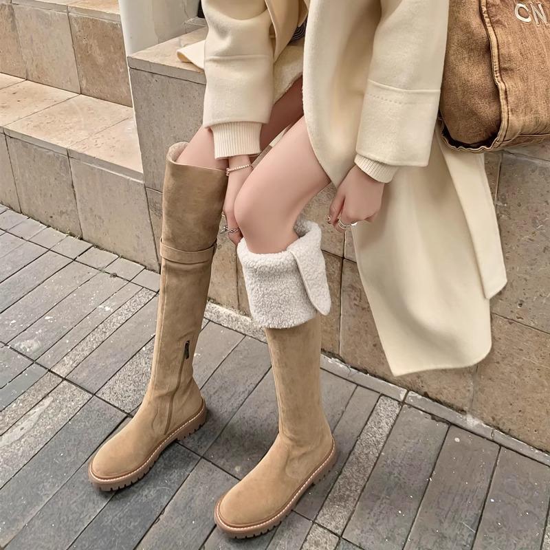 Eversion mocka lammull plattbottnade riddarstövlar 2025 höst och vinter nya förtjockade mångsidiga sammet snö knästövlar dam