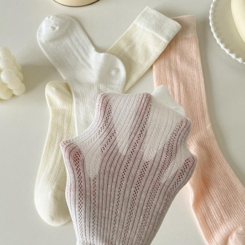 Women Socks Lolita Sweet Girls Middle Tube Socks Hollow Out Mesh Thin Breathable Solid Color Black White Gray Loose Long Socks
