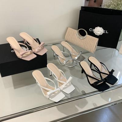 2025 Frühling und Herbst neue französische eckige Zehenpartie hohe Absätze Damen Römersandalen Zehensteg-Sandalen Schuhe vielseitig