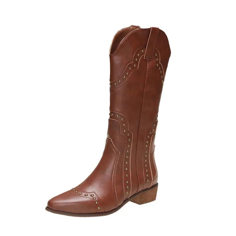 Winter Trendy Paragraph Rivet Fashion Boots Versatile High Leg Knee Thick Heel Cowboy Boots for Women