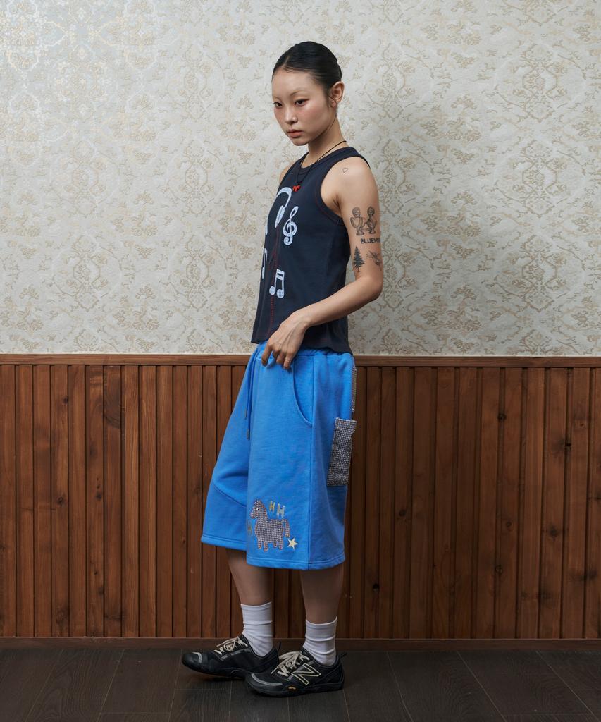 Lujeoseukeulleob [Jamaehwa] Pony Check Layered Bermuda Sweatpants Blue