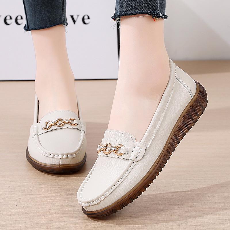 Genuine Leather Women's Non-Slip Loafers - Soft Sole, Comfortable Flats for Middle-Aged and Elderly