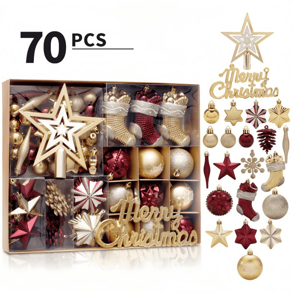 70Pcs Multi Size Christmas Ball Set Stars Socks Scepter Round Xmas Ball Santa Tree Diy Ornaments  New Year Xmas Gifts Decor