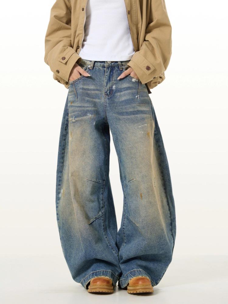 Unisex Retro Washed-Out Loose Fit Wide-Leg Jeans