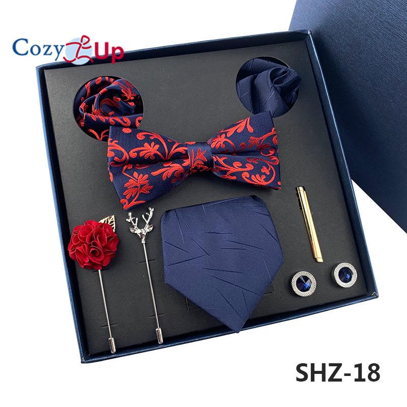 7 KS Klasická pánská kravata sada Paisley Stripe kravata pro muže Kapesní čtvercový motýlek Brož manžeta Dárková krabička ke Dni otců