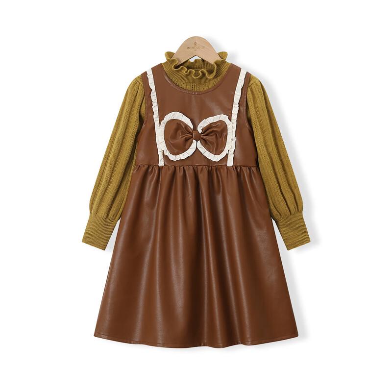 Girl s Ruffle Knit Shirt & PU Vest Dress Set 160