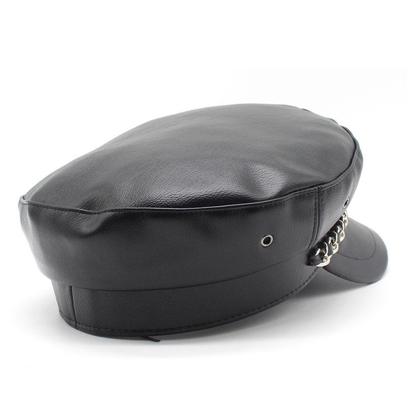 Women'S Pure Pu Leather Metal Chain Button Navy Hat Seasonal Windproof Warm Women'S Cap