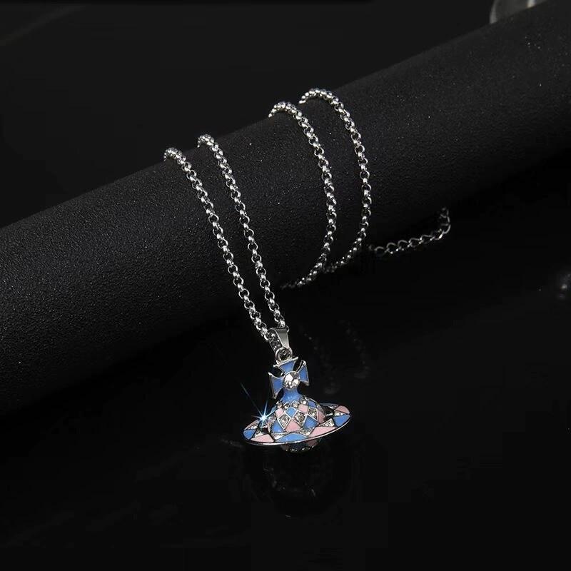 Empress Cixi Blue Pink Saturn Sphere Pendant Diamond Sweater Chain Necklace