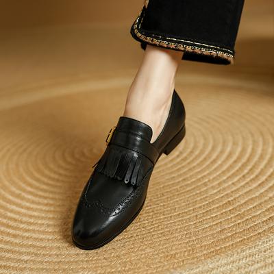 Modne Damskie Mokasyny ze Skóry Naturalnej z Frędzlami Wsuwane Płaskie Buty Loafersy Rekreacyjne Miękkie Wygodne Codzienne Buty Damskie