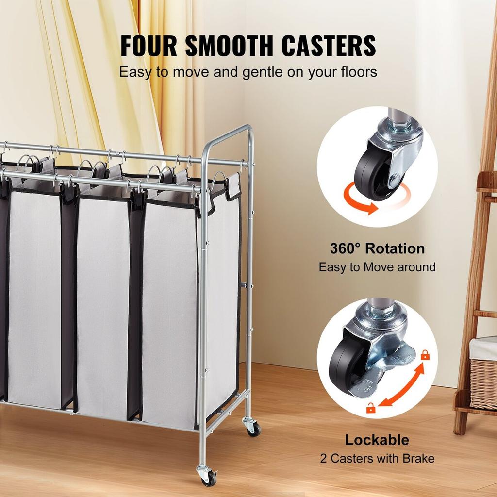 Laundry Sorter Cart 4 Section, Laundry Hamper with Heavy Duty Lockable Wheels and 4 Removable Bags, Rolling Laundry Basket Sorter for Clothes Storage