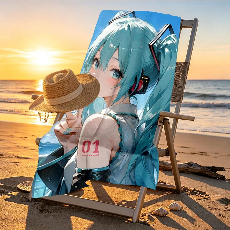 Hatsune Miku Print Beach Towel Design, Soft, Lightweight. for Home Bathroom, Spa, Pool, Yoga, Surfing, Camping, Gift for Family, Friend