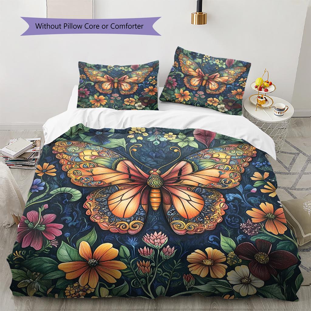 Butterfly in Flower Bushes  Pattern Bedding Quilt Set Quilt Cover Pillowcase Home Decoration  Gift (1 * duvet cover + 2 * pillowcase, without core)