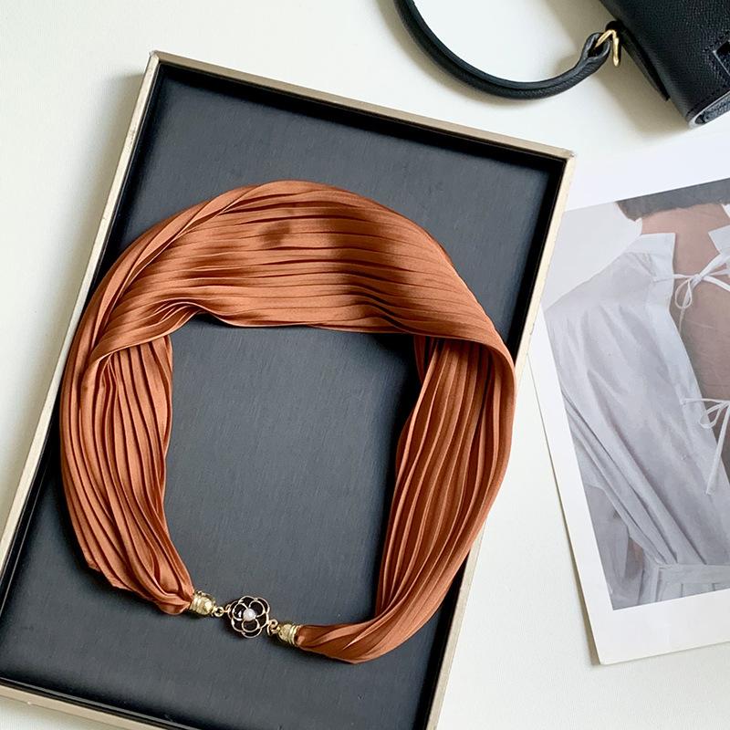 New Monochrome Magnetic Variety Silk Scarf Necklace Women's Pleated Summer Sunscreen Headscarf Decorative Scarf