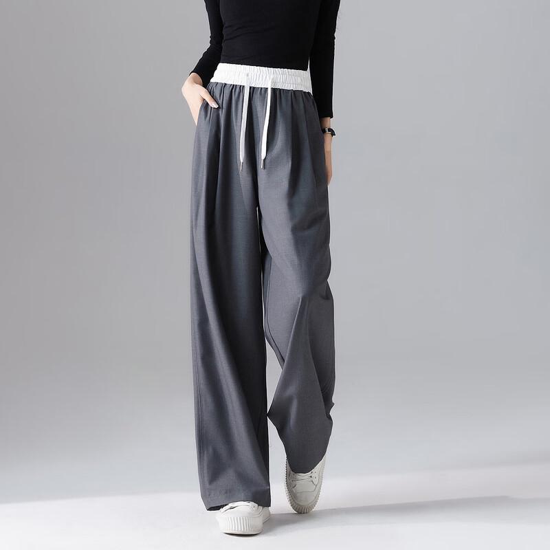 Demana Women's Spring Elastic Waist Color Block Barrel-Leg Pants