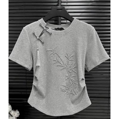 Wunderschönes T-Shirt mit Stickerei und Knopfleiste, kurzärmelig, aus Baumwolle, für Damen