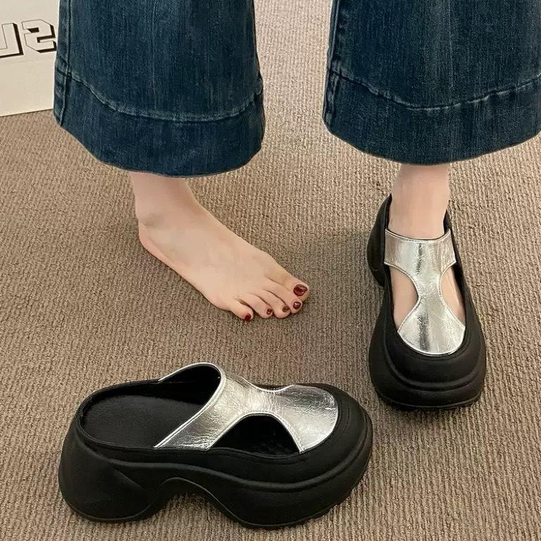 Baotou half slippers women's wear 2025 autumn new Internet celebrity hollow breathable sandals muffin thick sole heightening women's shoes