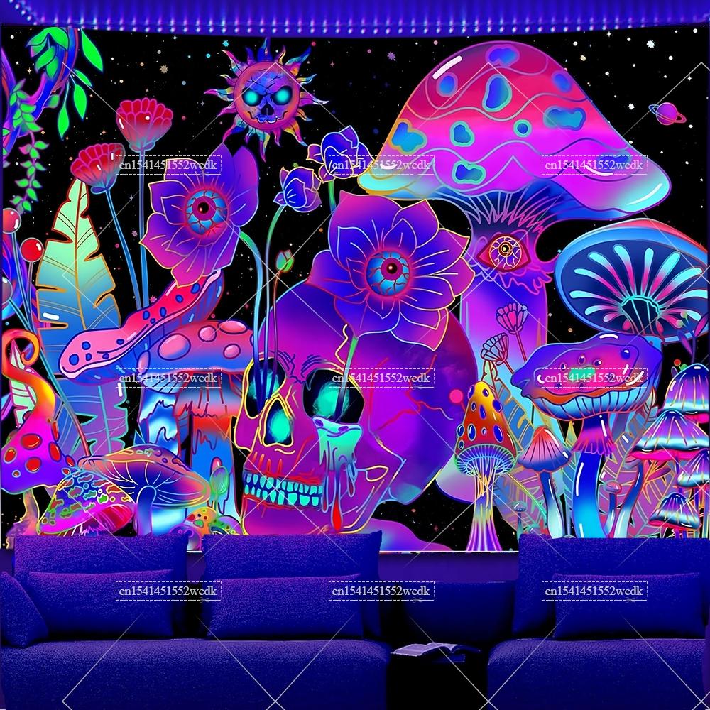 Skeleton Eye Blacklight Mushroom Tapestry UV Reactive Sun And Moon Neon Tapestrys Glow In The Dark Aesthetic Room Decor Posters