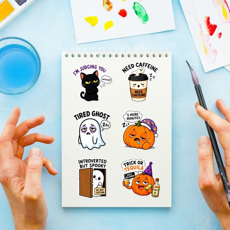 50 Pcs Cute Halloween Cartoon Stickers Ghost Pumpkin Black Cat Funny Waterproof Vinyl Decals For Journal Laptop Phone Case Gift