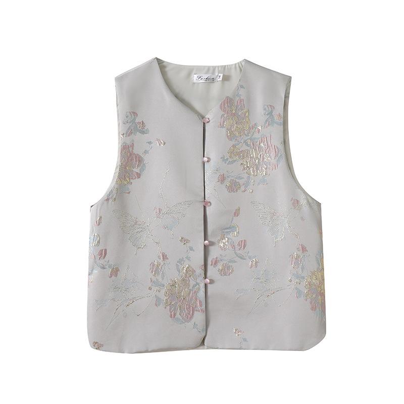 Vintage Schnalle kleiner runder Ausschnitt Jacquard Brokat Webart goldbestickte Weste Damen Frühlingsoberteil