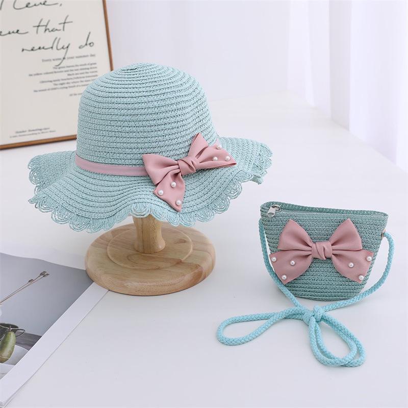 3-8 Years Little Girl Beach Straw Hat And Bag 2pcs Set Summer Travel Princess Bowknot Children's Sun Cap