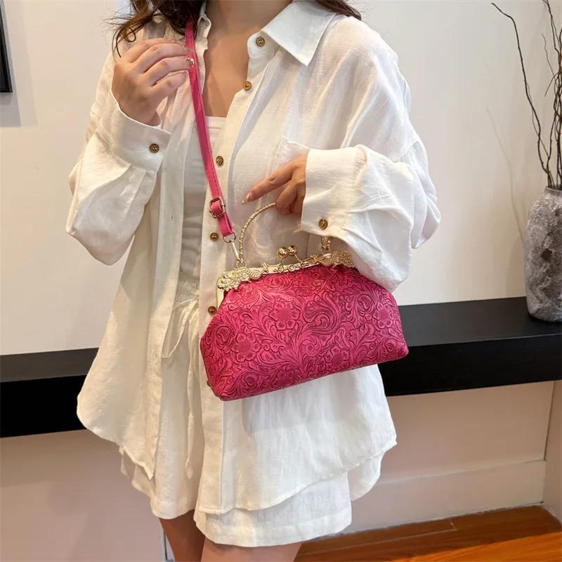 Chinese Style Prom Print Women Elegant Shoulder Bag Lady Chain Dinner Bags Green Shell Clip Fashion PU Leather