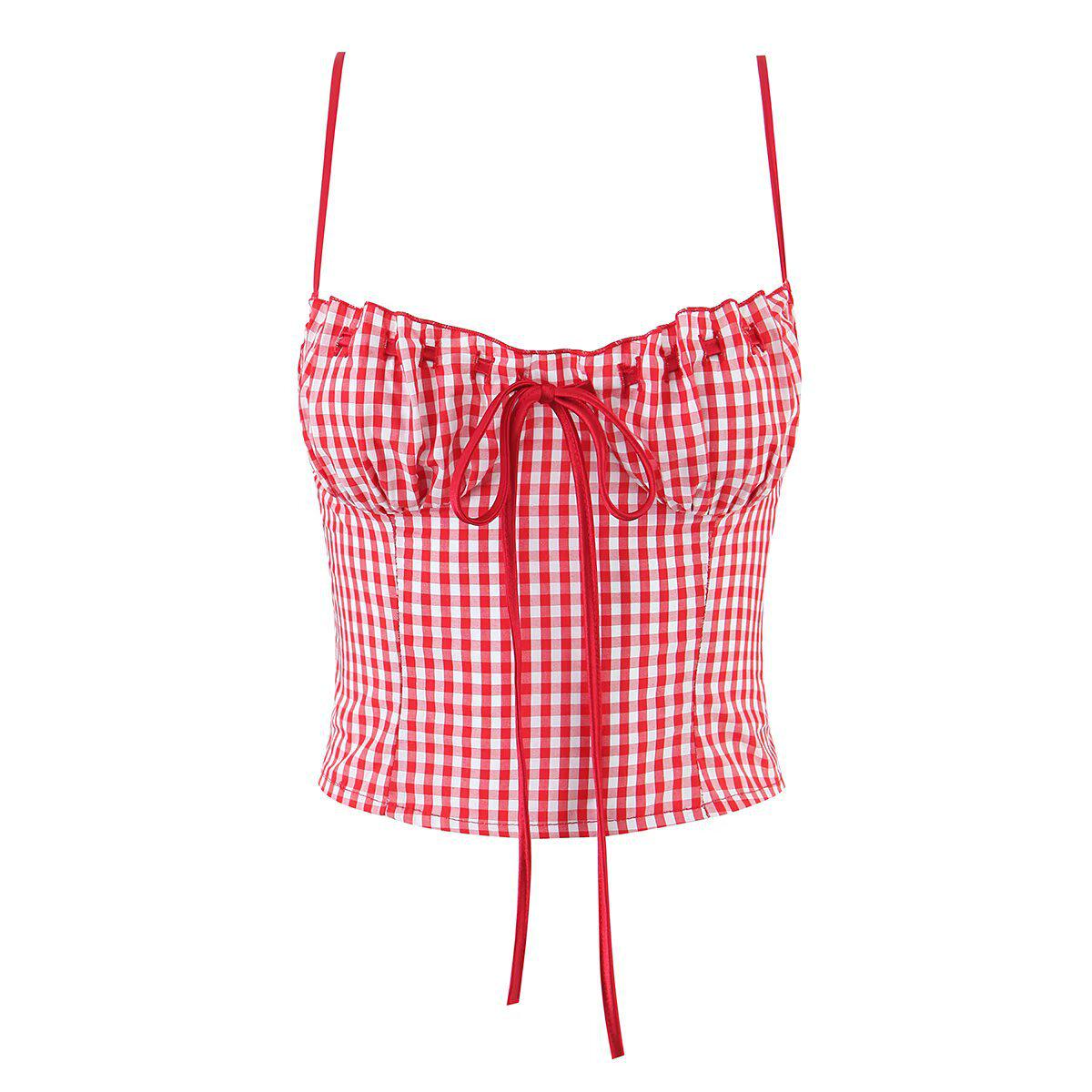 

Women s Black & White Polka Dot and Red Plaid Spaghetti Strap Ruffle Tank Top Large