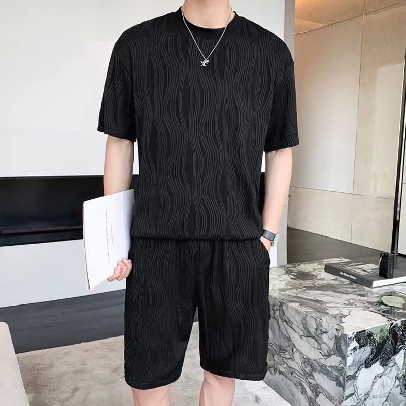 Sommar Kortärm Lös Stilfull Jerseytopp och Kompatibel med Enfärgad Bekväm och Unisex Svart Storlek 2XL [FJLTDCP] Herr T-shirt Set, Passform,