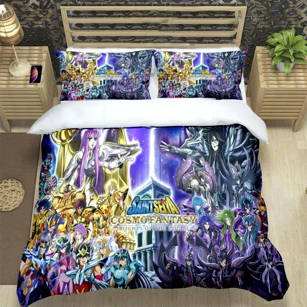 Saint Seiya Zestaw Pościeli 3D Czarny Zestaw Poszwy na Kołdrę i Poszewek na Poduszki Rozmiar King Queen Poliestrowa Poszwa na Kołdrę