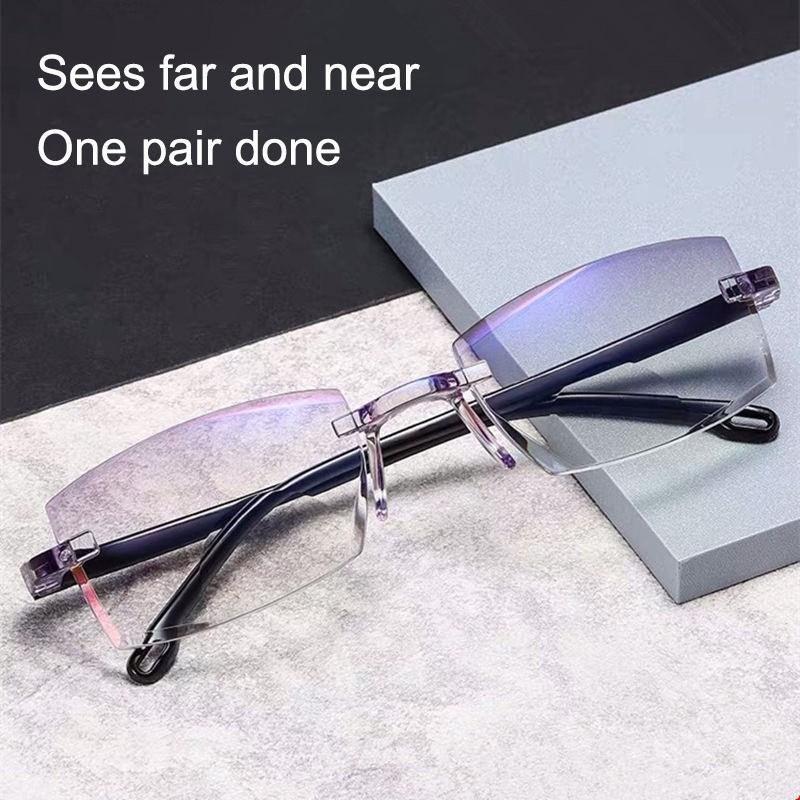Men Women Rimless Reading Glasses Bifocal Far Near Anti Blue Light Magnification Eyewear Presbyopic Glasses Diopter