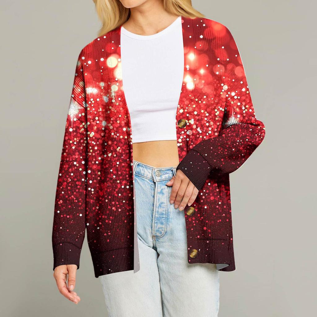 Women's Fashion Long Sleeve Christmas Print V-Neck Button Loose Cardigan Top