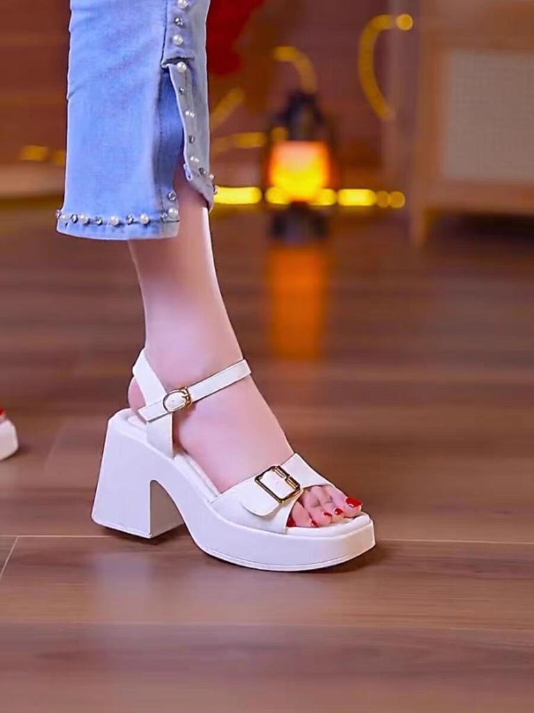 Sandalen mit grobem Absatz Damen Sommer Oberbekleidung 2025 neu vielseitig trendige Mode Keilabsatz wasserdichte Tisch Ein-Wort-Schnalle High Heels